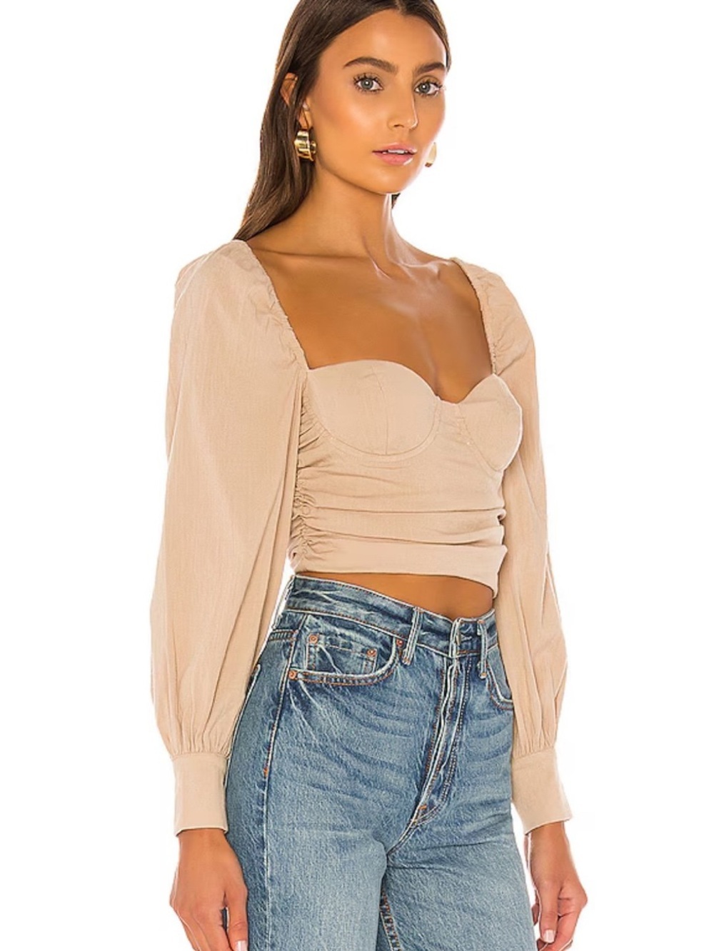 Majorelle Emily Bustier Crop Top Beige Long Puff Sleeve Open Back Corset S